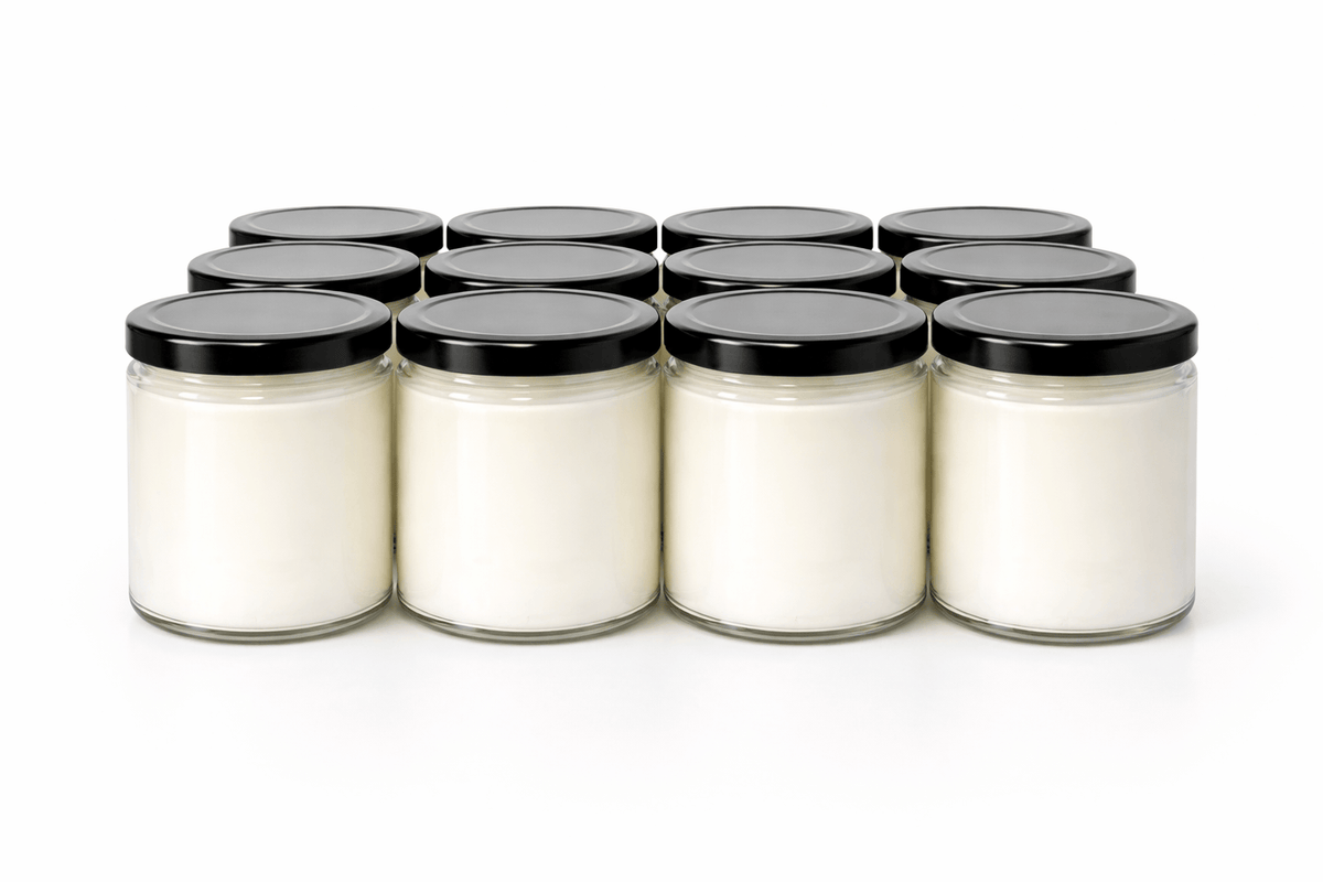 Starting at $7.50 per candle Candles 9 oz Bulk Candles- 12 Pack Clear Jar with Black Lid